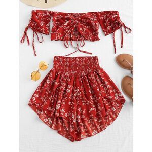 Zaful Off Shoulder Cinched Floral Crop Top Short Set